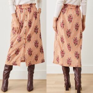 Printfresh Orange Beige Wildflower Stripes Button Front Emilia Midi Skirt Small